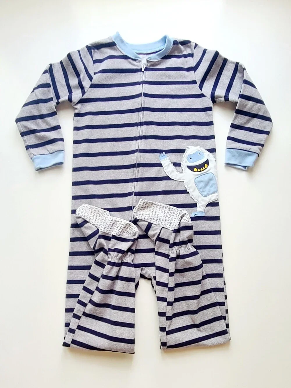 Carter's One-Piece Zip Fleece Footed Pajamas Striped Gray/Blue Size 7 Monster